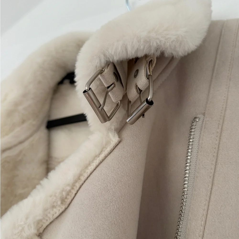 Beige Faux Shearling Aviator Jacket / Oversized Sherpa Lined Coat - Picture 5 of 6